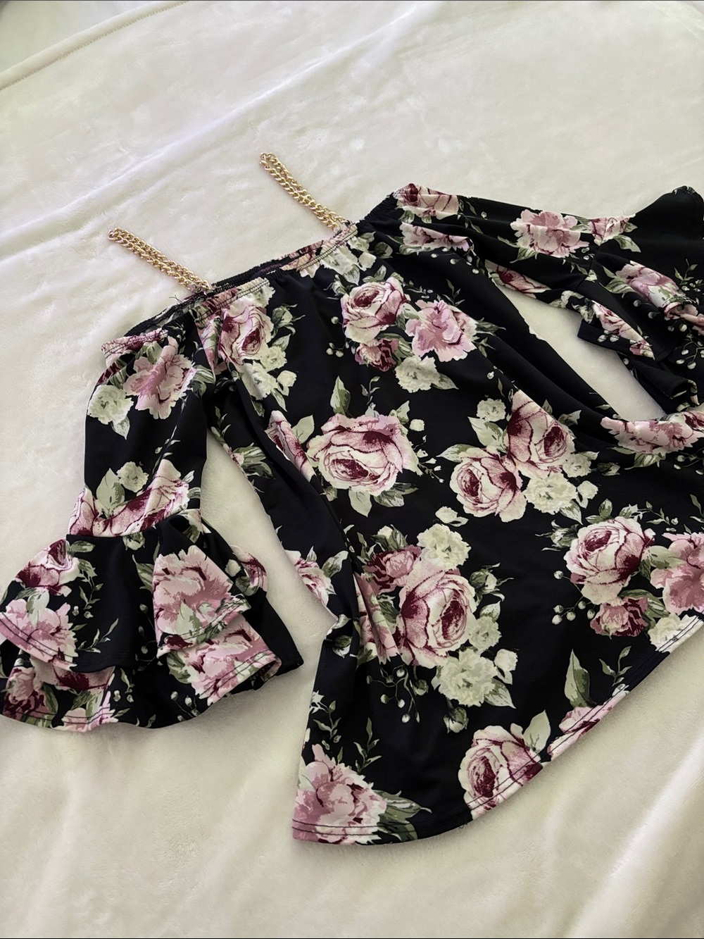 First Love Black Floral Off-Shoulder Top with Gold Chain Straps